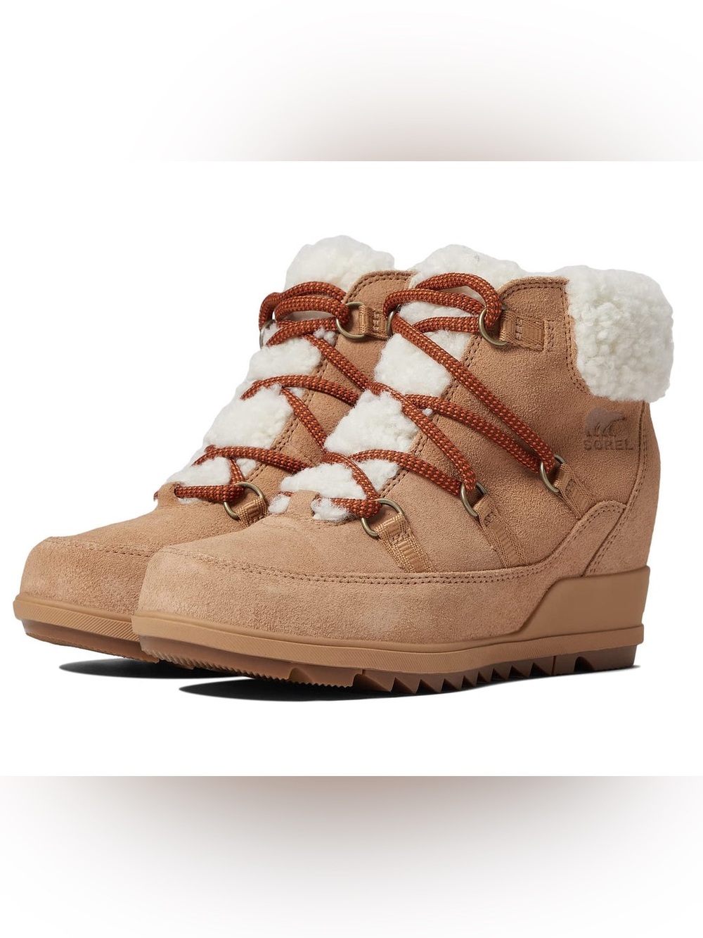 NWT Sorel Evie Cozy Lace in Tawny Buff / Wood suede fuzzy booties boots size 5